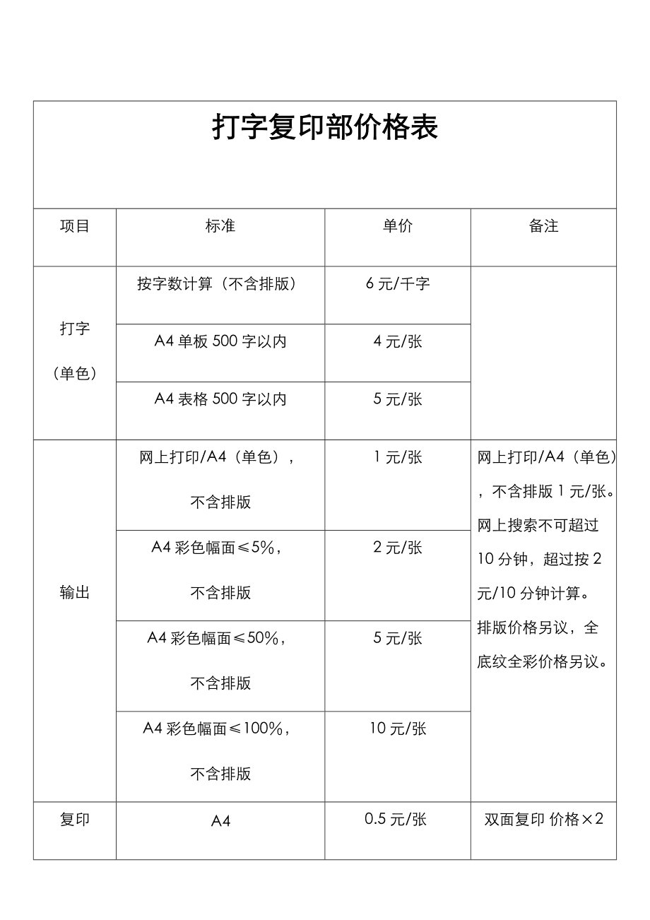 復印打字收費標準